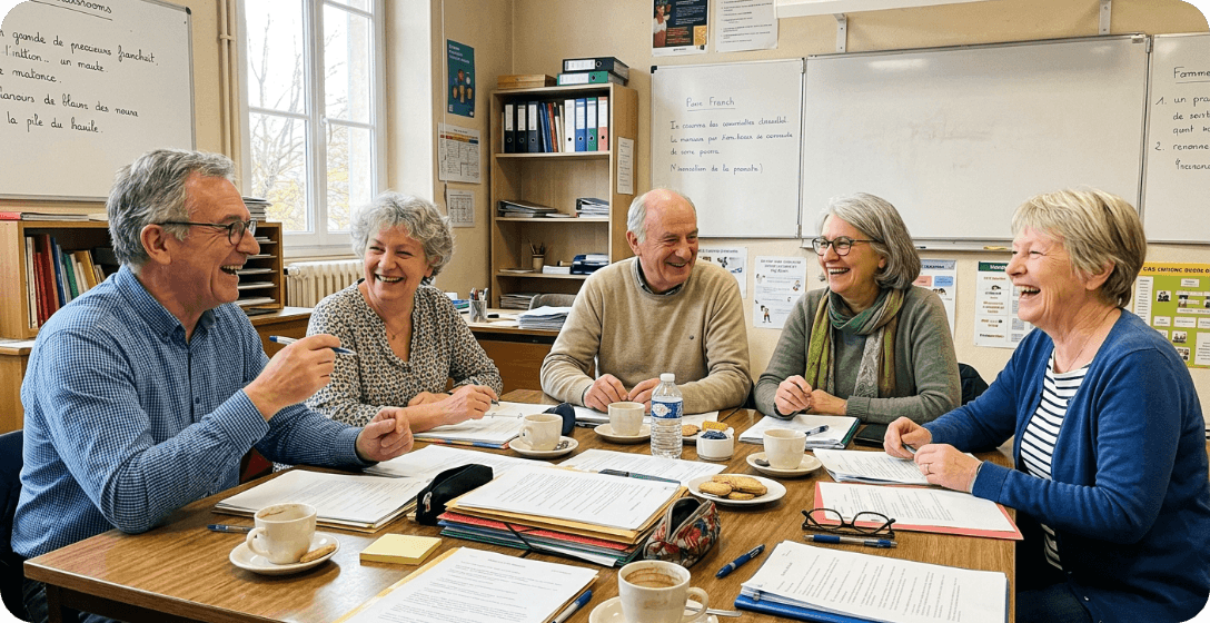 Seniors riant ensemble pendant un cours de langue