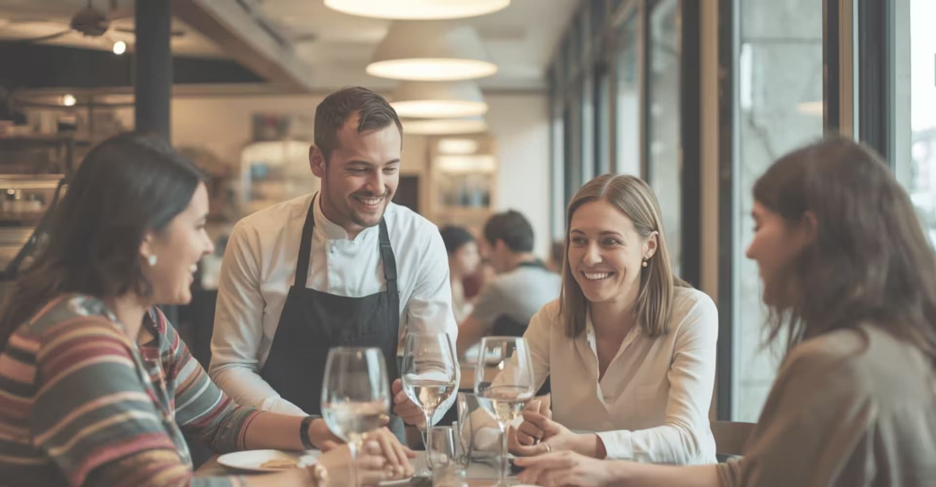 Serveur échangeant en anglais avec des clients internationaux dans un restaurant