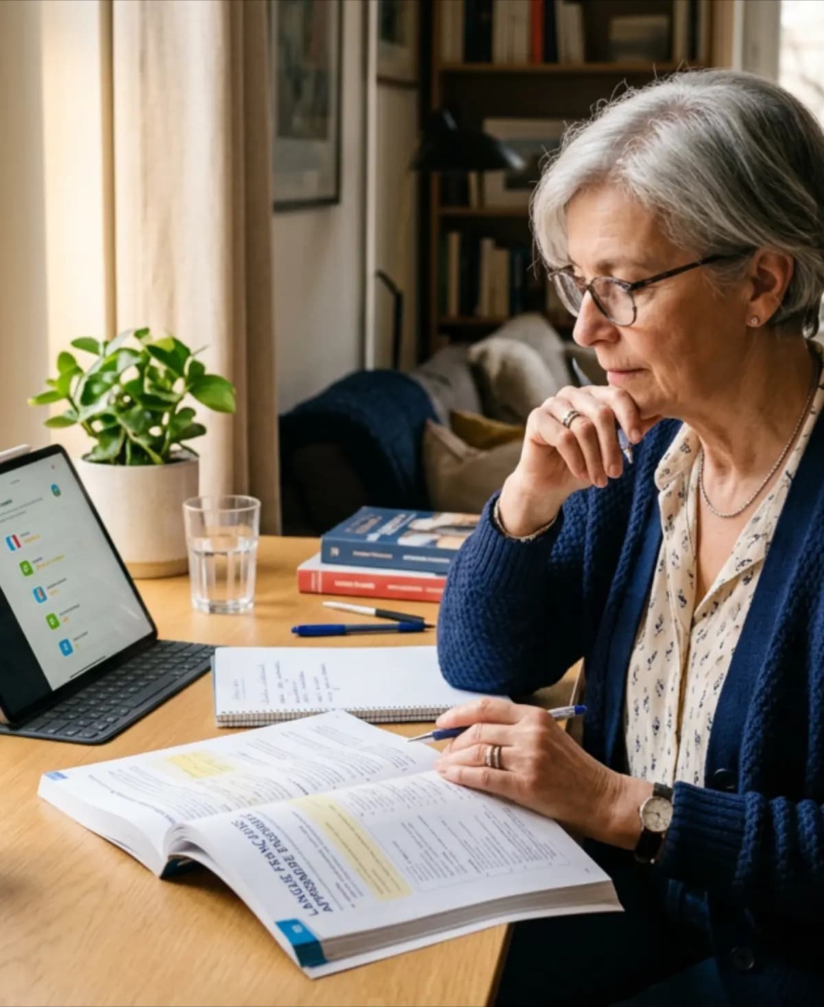 Senior concentrée apprenant une langue